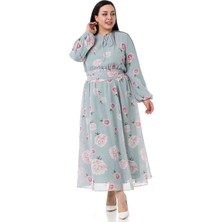 Disentis Modest Büyük Beden Beli ve Kol Ağzı Lastikli Kuşaklı Şifon Astarlı Uzun Su Yeşili Elbise