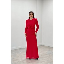 giyimmasalı Şifon Kumaş Pelerin Detaylı Abiye Elbise - Kırmızı