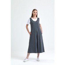 Pulur.co Gri Melanj Kolsuz Yuvarlak Yaka Iki Iplik Örme Cepli Tulum