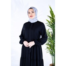 Beyza Üç Katlı Büzgülü Yakası Bağcıklı Siyah Ferace 3692