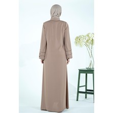 Beyza V Yaka Kolları Şerit Taş Detaylı Bej Tesettür Abaya 3429