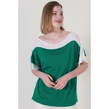 Vegenze Kadın Yeşil Ekru Kuşaklı Yazlık Ince Triko Bluz