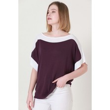 Vegenze Kadın Bordo Ekru Kuşaklı Yazlık Ince Triko Bluz