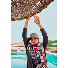 Marina Paraşüt Çiçekli Siyah Tam Kapalı Tesettür Mayo M2313