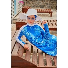 Marina Ebru Desenli Mavi Tam Kapalı Tesettür Mayo M2304