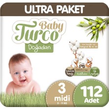 Baby Turco Doğadan Ultra Paket 3 Beden Bantlı Bebek Bezi 112 Adet 5 - 9 kg Ekstra Yumuşak