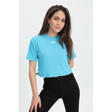 Antaress Tshirt Crop Bisiklet Yaka Off Yazılı - Mavi