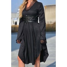 Due Stelle Kadın Siyah Deri Korse ve Dantel Detaylı Elbise