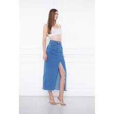 Kasheha Mavi Önden Derin Yırtmaçlı Püsküllü Cepli Yüksek Bel Pamuklu Kot Etek - KSH00302