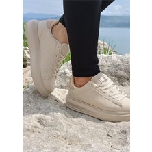 Darkstep 156 Bej Cilt Kalın Taban Sneaker Ayakkabı