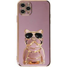 Smcase Apple iPhone 14 Pro Case Kılıf Kamera Korumalı Köpek Desenli Standlı Silikon Mor