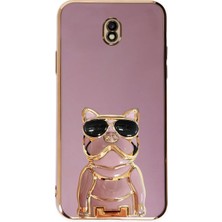 Dlrcase Samsung Galaxy J7 Pro J730F Case Kılıf Kamera Korumalı Köpek Desenli Standlı Silikon Mor