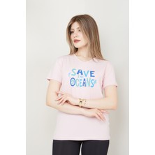 Banada Moda Kadın Save The Oceans Baskılı V Yaka T-Shirt