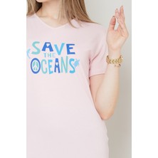 Banada Moda Kadın Save The Oceans Baskılı V Yaka T-Shirt