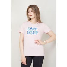 Banada Moda Kadın Save The Oceans Baskılı V Yaka T-Shirt