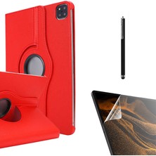 Dlrcase Apple iPad Pro 12.9 2020 4.nesil Uyumlu Kılıf Kapaklı Standlı 360 Dönebilen Koruma DN33 + Nano + Kalem Kırmızı