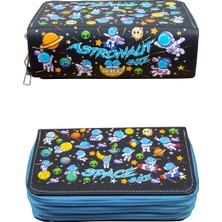 OneSize Kalem Kutusu Astronaut Mavi Kawaii Desen Orginazer Vegan Deri (Kalemlik)