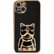 Smcase Apple iPhone 14 Case Kılıf Kamera Korumalı Köpek Desenli Standlı Silikon Siyah