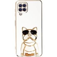 Smcase Samsung Galaxy M22 Case Kılıf Kamera Korumalı Köpek Desenli Standlı Silikon Beyaz