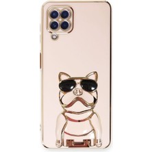 Smcase Samsung Galaxy M22 Case Kılıf Kamera Korumalı Köpek Desenli Standlı Silikon Pembe