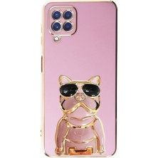 Dlrcase Samsung Galaxy A12 Case Kılıf Kamera Korumalı Köpek Desenli Standlı Silikon Mor