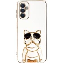 Smcase Samsung Galaxy M13 Case Kılıf Kamera Korumalı Köpek Desenli Standlı Silikon Beyaz
