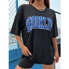 Unisex Oversize Brooklyn Baskılı Siyah T-Shirt