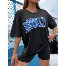 Unisex Oversize Brooklyn Baskılı Siyah T-Shirt