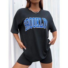 Unisex Oversize Brooklyn Baskılı Siyah T-Shirt