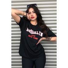 Siyah Kadın Brooklyn Baskılı Oversize T-Shirt