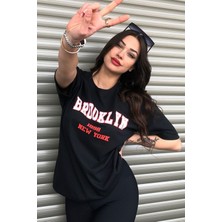 Siyah Kadın Brooklyn Baskılı Oversize T-Shirt