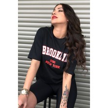 Siyah Kadın Brooklyn Baskılı Oversize T-Shirt