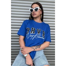 Kadın Bhvr Mavi Oversize Baskılı T-Shirt