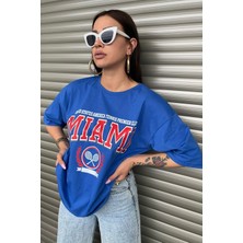 Miami Oversize Kadın Baskılı Mavi T-Shirt