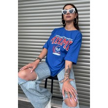 Miami Oversize Kadın Baskılı Mavi T-Shirt