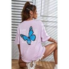 Kadın Oversize Ön Arka Kelebek Baskılı Lila T-Shirt