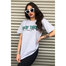 New York Dream Team Logolu Gri Oversize T-Shirt