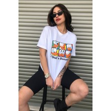 Kadın Donald Duck Baskılı Oversize Beyaz T-Shirt