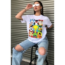 Bugs Bunny Çizgi Film Karakterleri Baskılı Oversize Beyaz T-Shirt