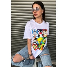 Bugs Bunny Çizgi Film Karakterleri Baskılı Oversize Beyaz T-Shirt