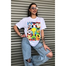 Bugs Bunny Çizgi Film Karakterleri Baskılı Oversize Beyaz T-Shirt