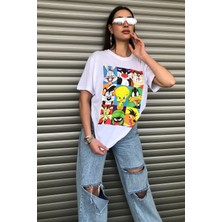 Bugs Bunny Çizgi Film Karakterleri Baskılı Oversize Beyaz T-Shirt