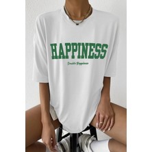 Kadın Oversize Hapiness Baskılı Beyaz T-Shirt