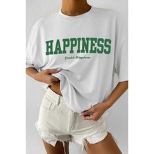 Kadın Oversize Hapiness Baskılı Beyaz T-Shirt