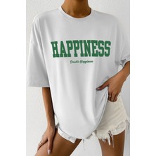 Kadın Oversize Hapiness Baskılı Beyaz T-Shirt