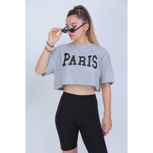 Modagen Kadın Gri Paris Baskılı Crop T-Shirt