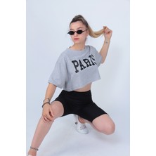 Modagen Kadın Gri Paris Baskılı Crop T-Shirt