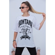 Modagen Kadın Beyaz Montana Baskılı Oversize T-Shirt