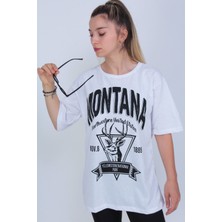 Modagen Kadın Beyaz Montana Baskılı Oversize T-Shirt