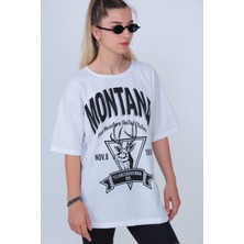 Modagen Kadın Beyaz Montana Baskılı Oversize T-Shirt